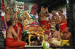 Priests performing Kalyanam (marriage) of the holy deities at Bhadrachalam Temple, in Telangana.