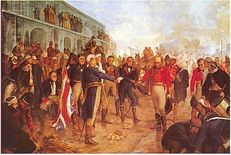 William Carr Beresford (right) surrenders to Santiago de Liniers (centre left) during the British invasions of the River Plate; painting by Charles Fouqueray.