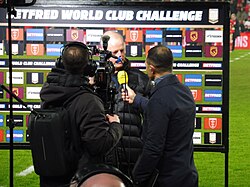 Maguire being interviewed following Brisbane's World Club Challenge loss in February 2026