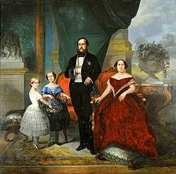 Pedro II and Teresa Cristina with their surviving children Princesses Leopoldina and Isabel, 1857