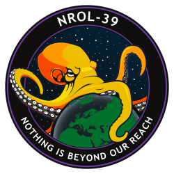 A mission badge of an octopus spanning the world against a starry background, labelled "NROL-39" and "Nothing is beyond our reach"