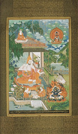 A Tibetan style painting depicting the Buddhist philosopher Bhāviveka converting a tirthika (non-Buddhist) through debate.[75]