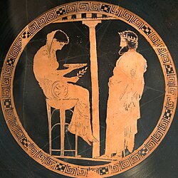 Aegeus at right consults the Pythia or oracle of Delphi. Vase, 440–430 BCE. He was told "Do not loosen the bulging mouth of the wineskin until you have reached the height of Athens, lest you die of grief", which at first he did not understand.