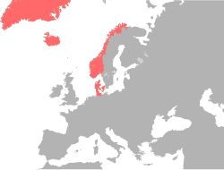 Extent of the Dano-Norwegian Realm. After the Napoleonic Wars, Norway was ceded to Sweden while Denmark kept the Faroe Islands, Greenland, and Iceland.