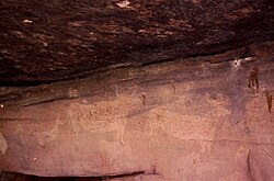 Prehistoric cave painting of animals at Albarracín, Teruel, Spain (rock art of the Iberian Mediterranean Basin)