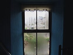 Condensation on a window during a rain shower.
