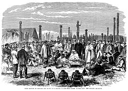 An 1863 meeting between Māori and settlers in a pā whakairo (carved pā) in Hawke's Bay Province.