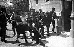 This picture of the arrest of a suspect in Sarajevo is usually associated with the capture of Gavrilo Princip, although some[43][44] believe it depicts Ferdinand Behr, a bystander detained by mistake.