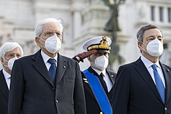 President Mattarella and Prime Minister Mario Draghi at the Victor Emmanuel II Monument on inauguration day
