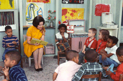 First Lady Lady Bird Johnson visits a Head Start class, 1966.