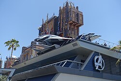 Avengers Headquarters with Guardians of the Galaxy – Mission: Breakout! behind it, pictured in 2021