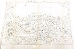 Map showing the borders set by the Treaty of Sevres, which assigned Urfa to the French-controlled Mandate of Syria. Urfa is shown here just below the dotted red line, and directly above the "Y" in "Syria".