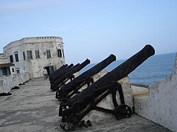 Established in Ghana by the Swedish African Company, Cape Coast Castle was built in 1653 as a trading post that later expanded to other European nations. "Throughout the 18th century, the Castle served as a 'grand emporium' of the British slave trade."[70][71][72]