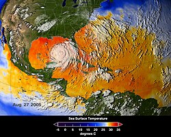 The average sea surface temperatures for the Caribbean Atlantic Ocean, 25–27 August 2005.[25] Hurricane Katrina is seen just above Cuba.