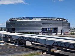 The name of MetLife Stadium (pictured in June 2026) was concealed to comply with FIFA's brand protection policy.[19]