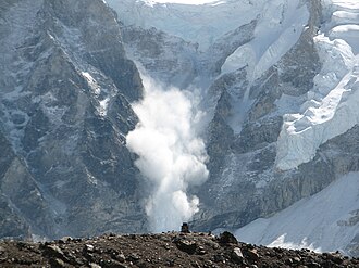 A powder snow avalanche in the Himalayas near Mount Everest.