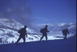 Three 10th Mountain Division skitroopers above Camp Hale in February 1944
