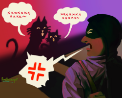 An illustration of two black cats smiling and saying something to a person who turns and angrily yells back at them.