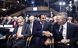 Sheikh Tamim, UN Secretary-General António Guterres and NATO Secretary General Jens Stoltenberg, 16 February 2018