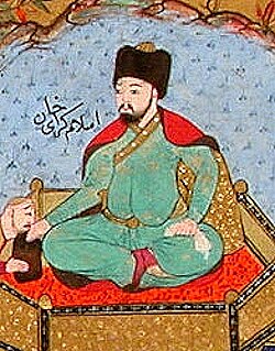 İslâm II Giray Khan ("اسلام گيرای خان") enthroned (ruled 1584-88). Secaatname (1586)
