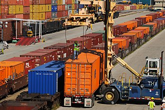 The Napoleon intermodal rail yard allows for containers to be transported by train.