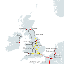 Operational high-speed lines in the UK: 140–186 mph (225–300 km/h) 125 mph (200 km/h) <110 mph (180 km/h)