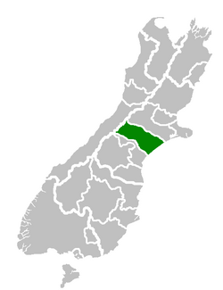 EA Network's service area - the Ashburton District - within the South Island (note the boundaries pictured are of territorial authorities, not distribution companies).