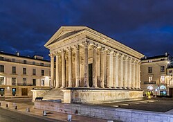 The Maison Carrée in Nîmes, one of the best-preserved Roman temples. It is a mid-sized Augustan provincial temple of the Imperial cult.