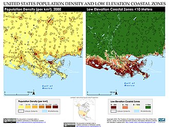 Population density and low elevation coastal zones in the Mississippi River Delta. The Mississippi River Delta is especially vulnerable to sea level rise.
