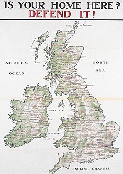 "Is your home here? Defend it!" Propaganda poster from 1915 with a map of the regimental recruiting districts of the infantry of the British Army.
