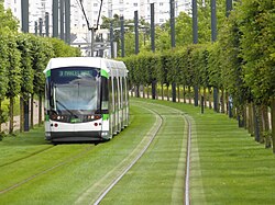 A tram running down tracks embedded in grass in Nantes.