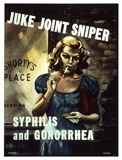 World War II-era poster urging soldiers to avoid "good time girls" and prostitutes to avoid syphilis and gonorrhea.