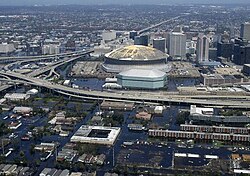 An aerial view of the flooding in part of the Central Business District. The Superdome is at the center where many people stayed through the course of Katrina.