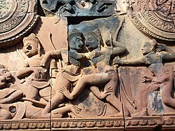 Strikes: punching and kicking techniques displayed at the Banteay Srei (967 A.D.) in Cambodia.