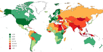 Deaths due to long working hours per 100,000 people (15+), joint study conducted by World Health Organization and International Labour Organization in 2016