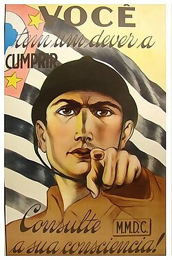 Poster MMDC calling the Paulistas to arms during the Constitutionalist Revolution, in 1932. "You have a duty to fulfill; consult your conscience!"