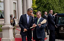 U.S. president Barack Obama accepting a hurley from Taoiseach Enda Kenny
