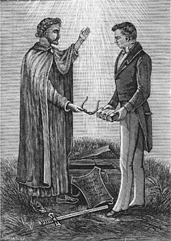 An 1893 engraving of Joseph Smith receiving the golden plates and the Urim and Thummim from Moroni. The sword of Laban is shown nearby.