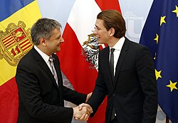 Foreign Minister of Andorra Gilbert Saboya (on left) meeting Austrian foreign minister Sebastian Kurz at the Committee of Ministers of the Council of Europe in 2014