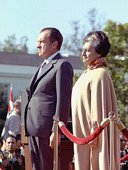Nixon at the arrival ceremony for Indian prime minister Indira Gandhi on the South Lawn of the White House in 1971