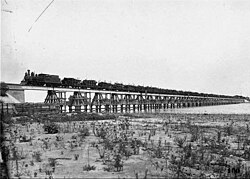 A train crossing the bridge over Laguna Setubal, 1903.