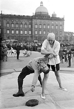 Demonstration of a Ju-Jitsu defense against a knife attack. Berlin 1924