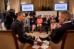 President Barack Obama with Gibson in the East Room of the White House during ABC News's Prescription for America "town-hall"-style conversation on health care, June 24, 2009.