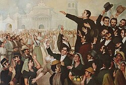 Painting of the First Independence Movement celebration in San Salvador, El Salvador. At the center, José Matías Delgado, a Salvadoran priest and doctor known as El Padre de la Patria Salvadoreña (The Father of the Salvadoran Fatherland), alongside his nephew Manuel José Arce, future Salvadoran president of the Federal Republic of Central America.