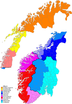 The map shows the division of the Norwegian dialects within the main groups.