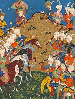 Islamic illustration of Yusuf defending Egypt's grain stores against the famine-struck armies of Rayyan of Hit