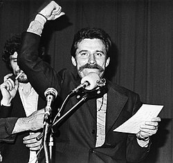 Wałęsa during the strike at the Lenin Shipyard, August 1980