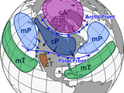 Different air masses that affect North America, as well as other continents, tend to be separated by frontal boundaries.
