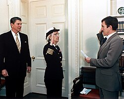 Grace Hopper being promoted to the rank of commodore in 1983
