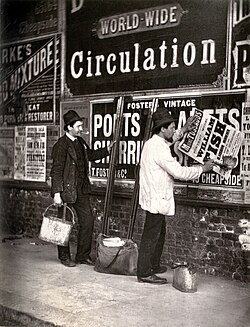 Advertising man pasting a bill for Madame Tussaud's Chamber of Horrors, London, 1877